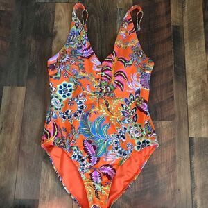 BCBG Maxazaria one piece women’s swimsuit bathing suit orange floral NEW SZ M